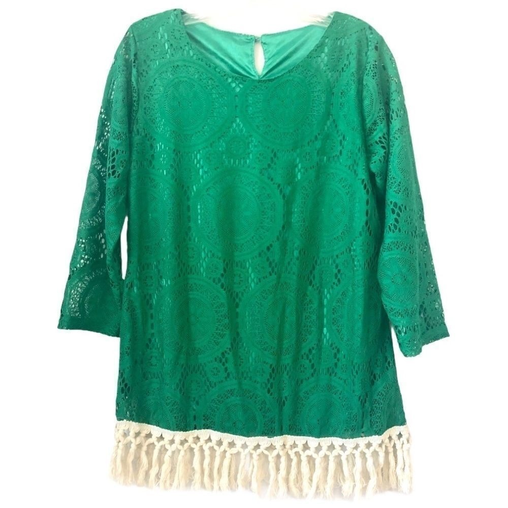 Chic Sass L Blouse Boho Crotchet Trim Lace Overlay Green Festival Hippie Grandma
